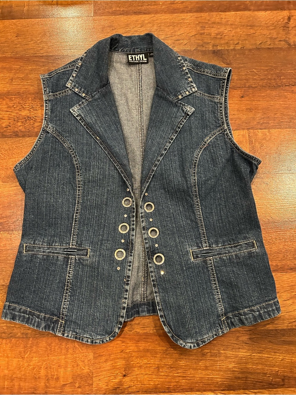 Ethyl Vintage Women's Large Denim Vest Embellished Rhinestone